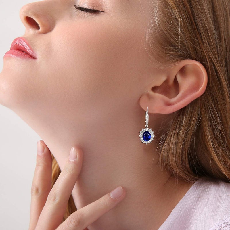 YFN Sterling Silver Created Oval Cut Birthstone Drop Dangle Women Leverback Earrings (September-Sapphire Earrings) - Image 2